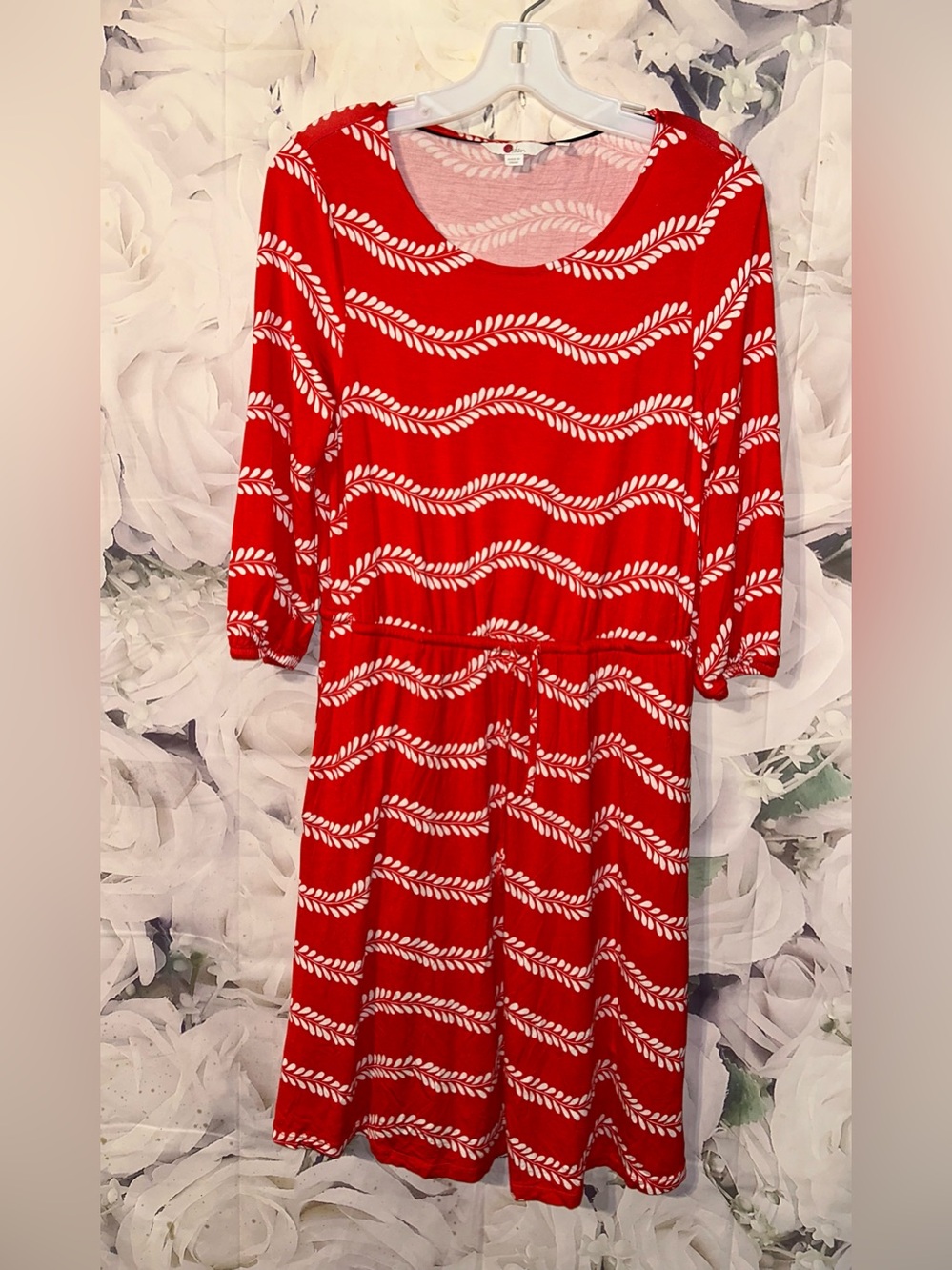 Boden Women's Red Leaf Stripe Talia 3/4 Sleeve Jersey Knit Dress Size 8R - Picture 2 of 6